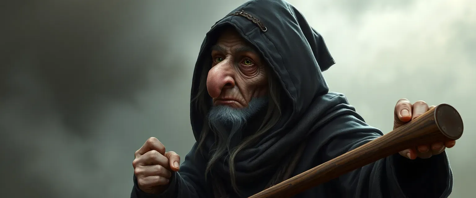 Old Slavic witch with a long nose, hooded cloak, and a wooden cane, appearing frail yet powerful.