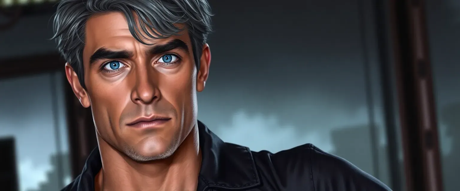 Late 30s man with gray-streaked hair, blue eyes, muscular, wearing a mechanic's jumpsuit, haunted expression.
