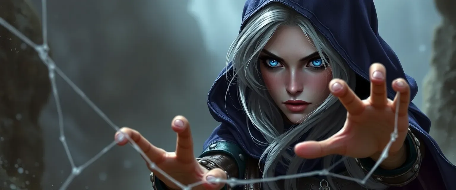 Lithe silkborn rogue in her mid-30s with pale iridescent skin, multifaceted obsidian eyes, silvery hair, wearing a hooded spider-silk cloak and leather garb, clawed fingers poised for spinning webs.