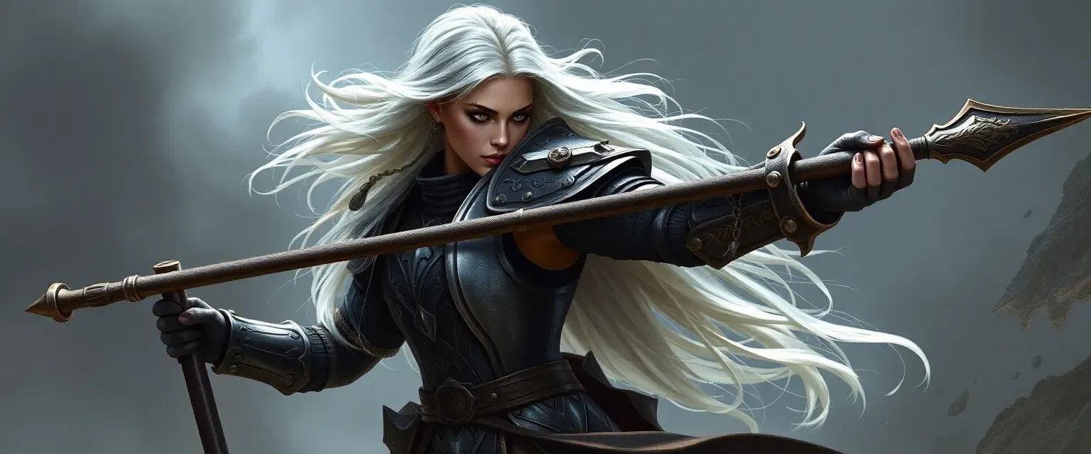 Warrior in gothic armor, wielding a polearm, with silk-white hair cascading down her back, a human paladin.