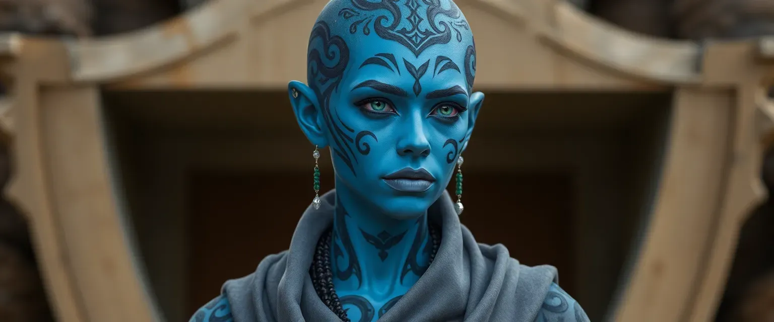 Blue-skinned Twi'lek woman in her 30s, wearing a gray robe, with intricate tattoos on her lekku.