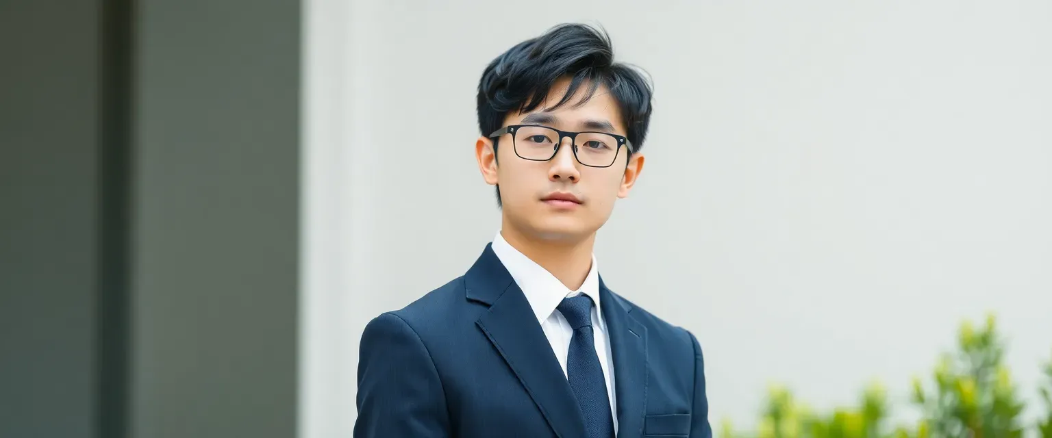 Young Japanese businessman in his late 20s, wearing a crisp navy suit. Slender build, rectangular glasses, neatly styled black hair, and perpetually tired eyes.