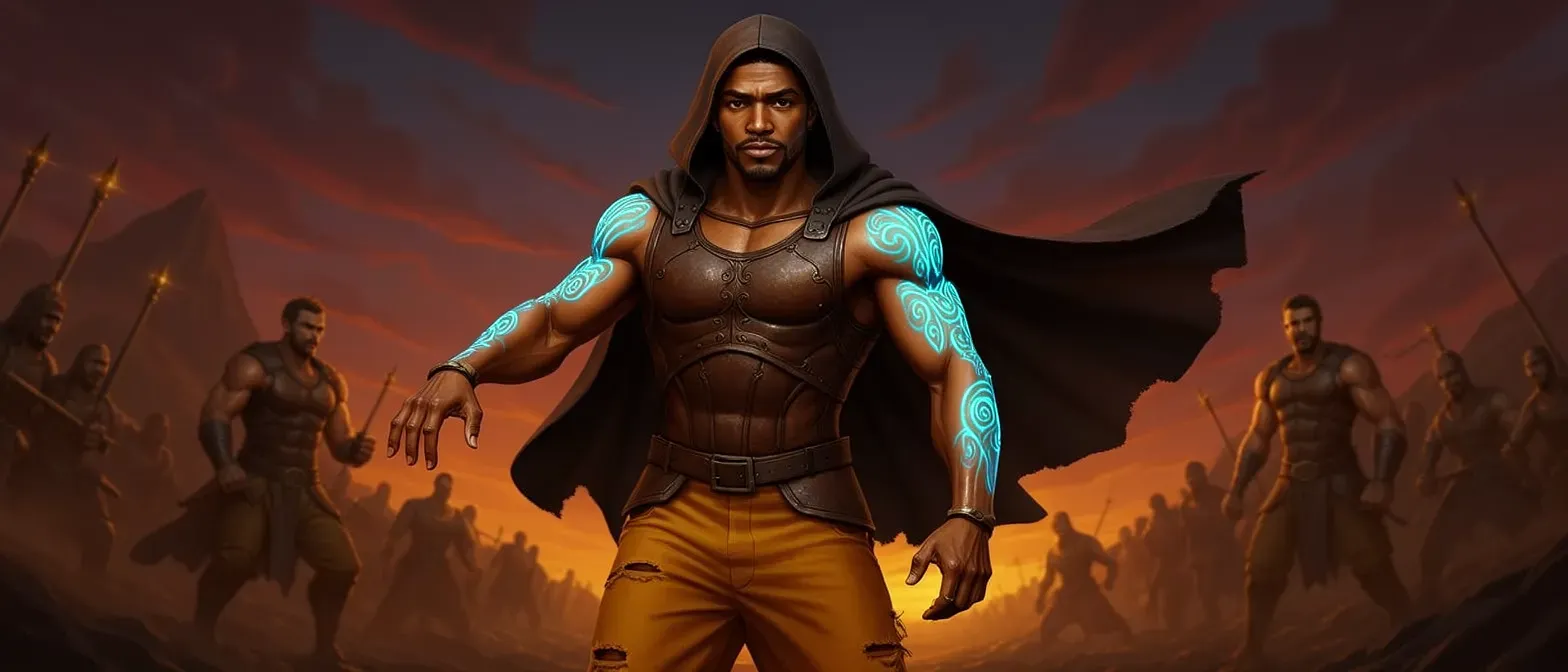 Young bronze-skinned man, 25, with glowing bioluminescent tattoos on torso and arms, shaved sides, wearing ragged saffron pants, leather vest, hooded cloak, aloof expression.