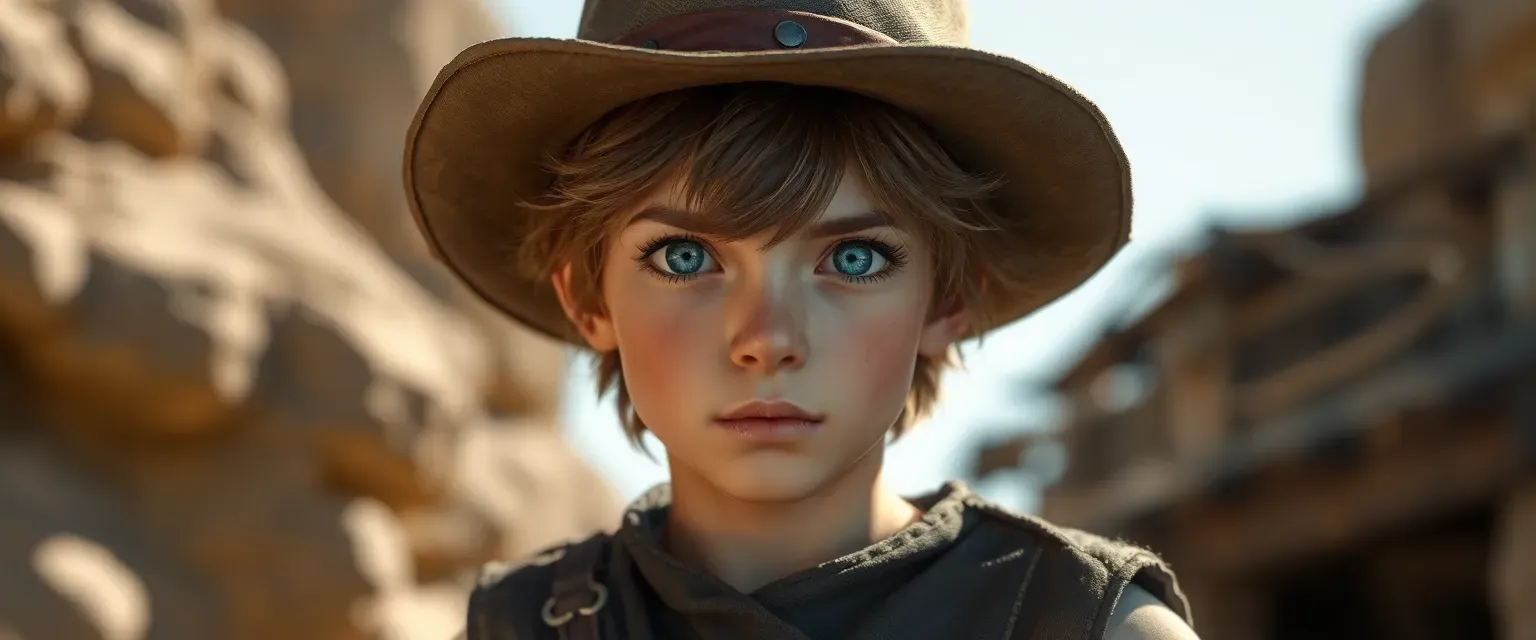 Young, short outlaw with sun-bleached brown hair and piercing blue eyes, wearing a worn leather vest and wide-brimmed hat.