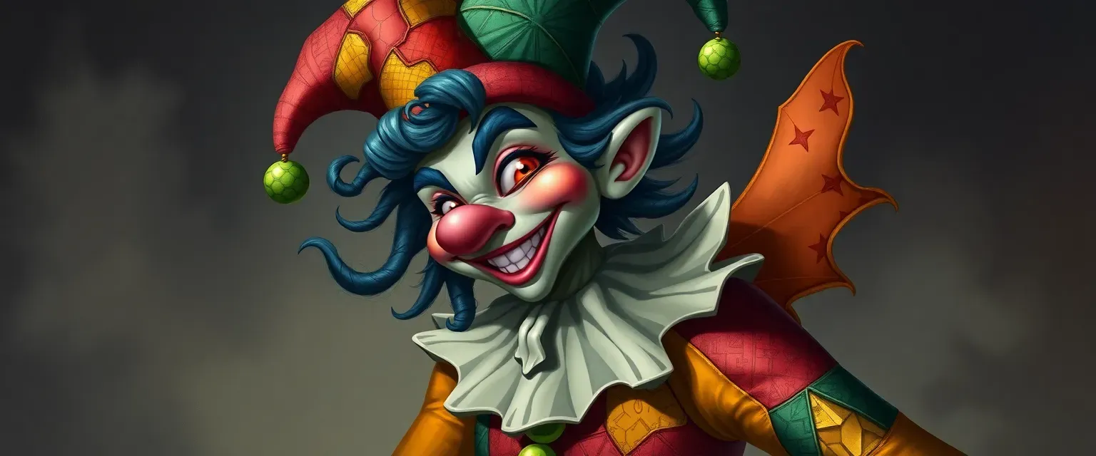 A whimsical figure with patchwork jester attire, vibrant shifting colors, wild hair, and a mischievous grin.