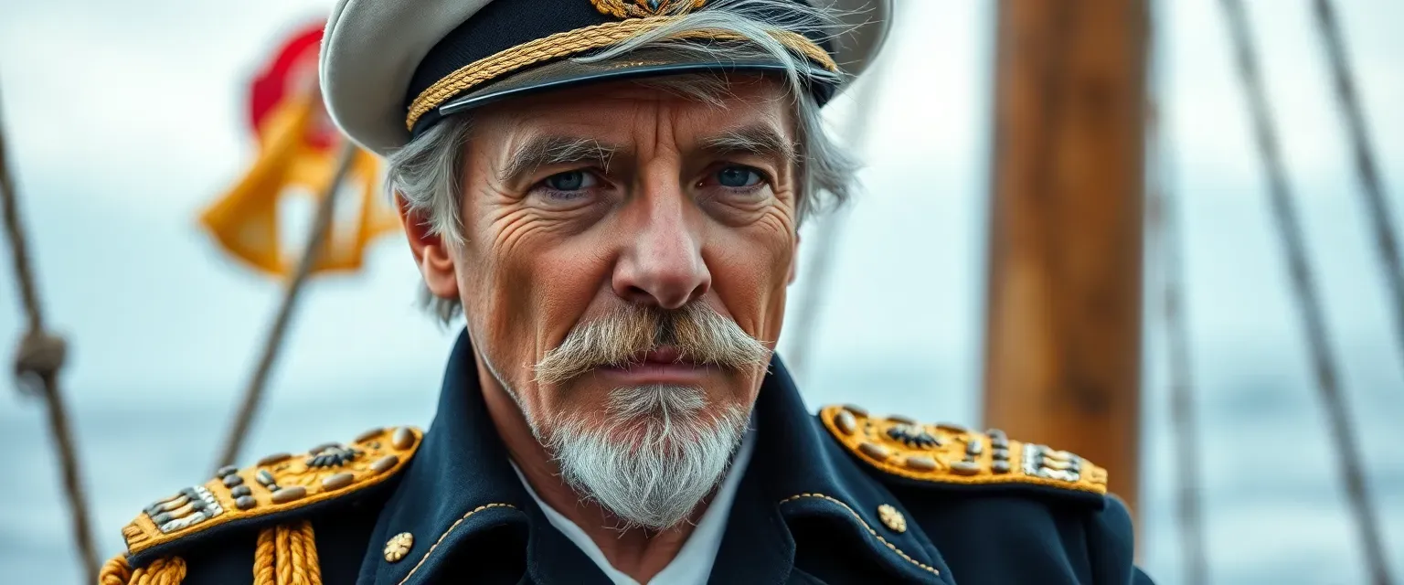 Aged navy captain with gray-streaked hair, blue eyes, muscular build, in a decorated uniform, humming sea shanties.