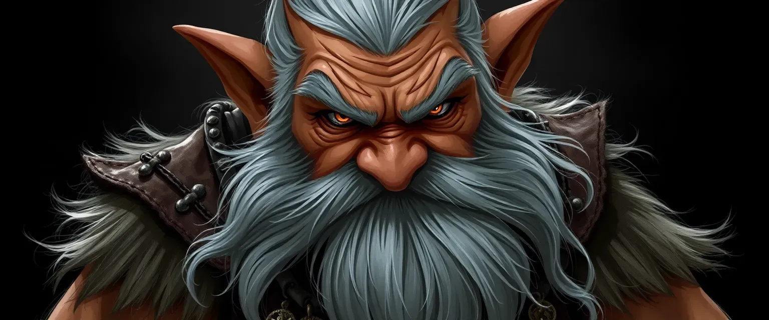Stout dwarf with silver-streaked beard, leather attire, muscular build, amber eyes, adorned with mineral charms.