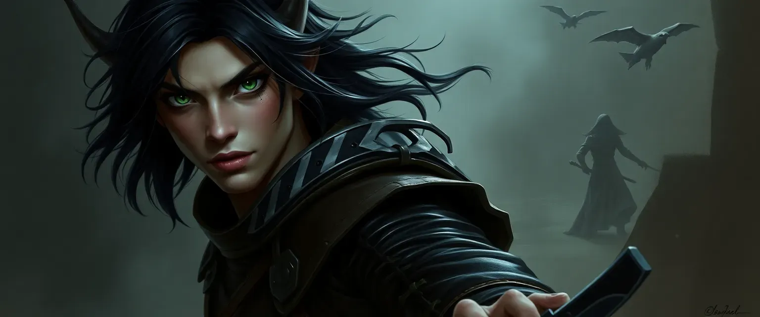 21-year-old changeling rogue, dark hair, green eyes, leather armor, lithe and shadowy.