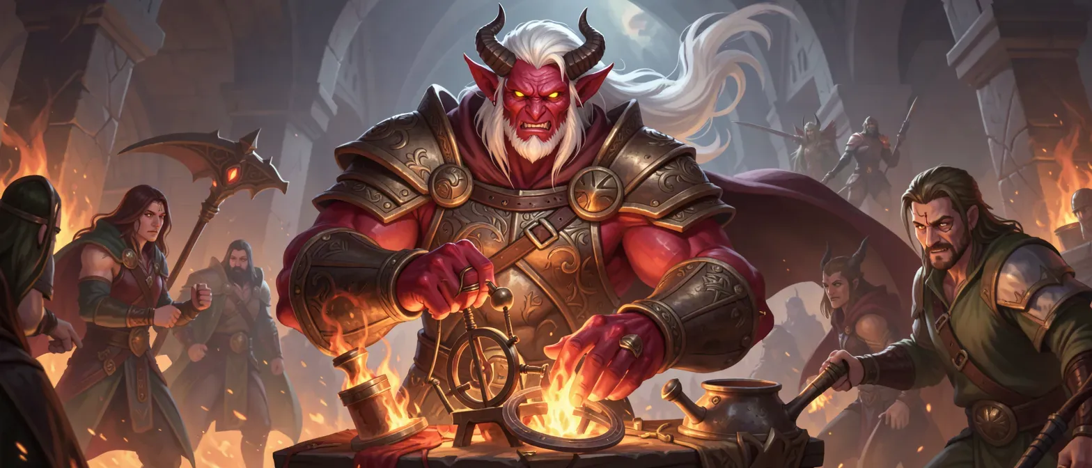 Towering 6'5" white-haired tiefling with crimson skin, curved horns, muscular build, wearing etched leather armor and cloak, yellow eyes gleaming, tinkering with infernal devices.