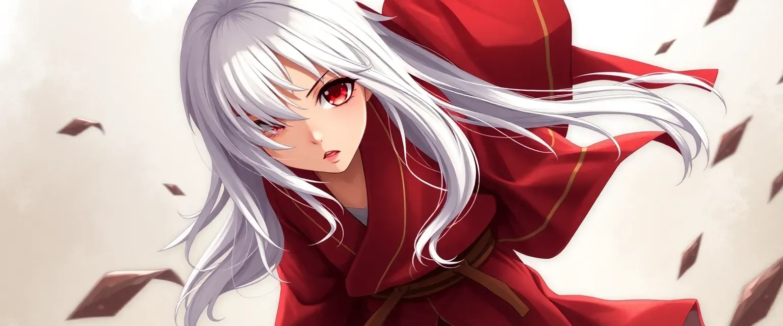 15-year-old girl with long white hair, red eyes, wearing a longer skirt and reddish-maroon haori with a gold line.