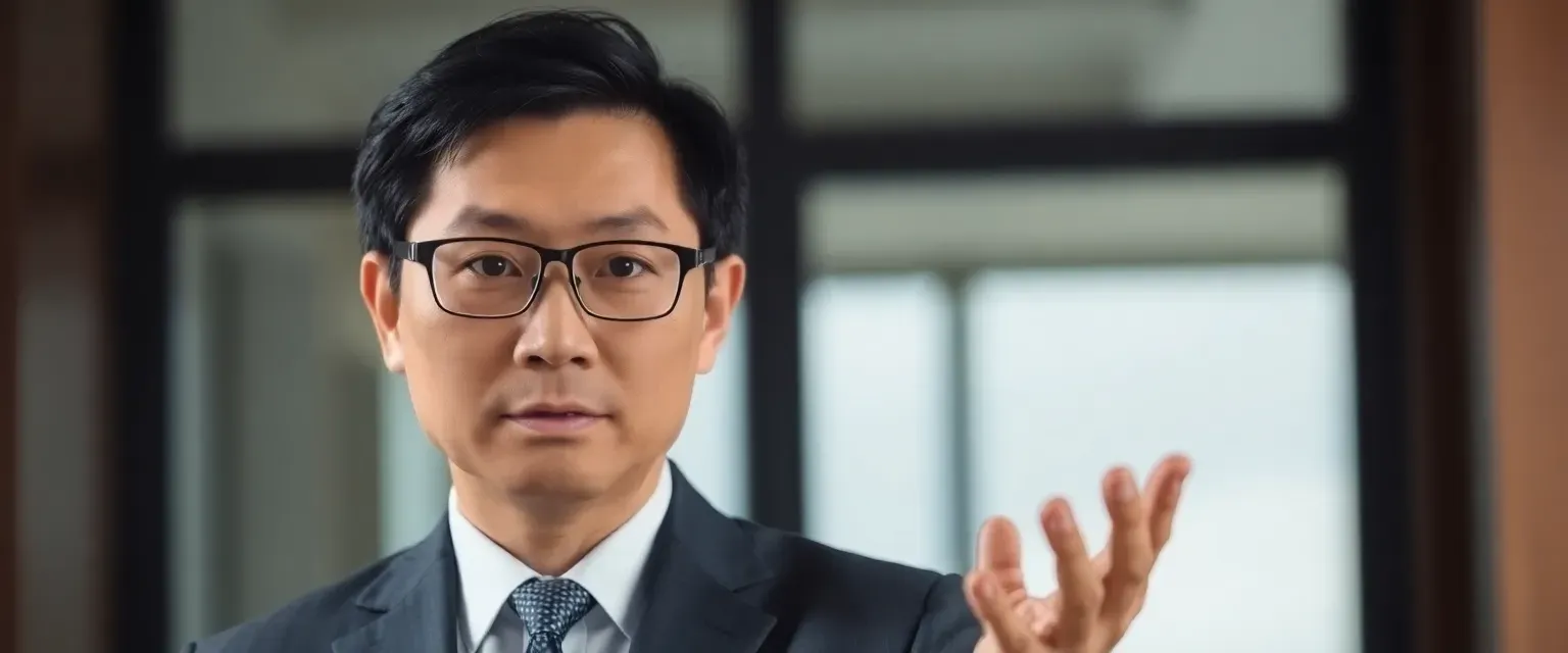 Dr. Marcus Chen, 35, tall Asian man with wire-rimmed glasses, neatly pressed charcoal suit, perfectly groomed black hair, intense dark eyes, and slight nervous twitch in left hand.