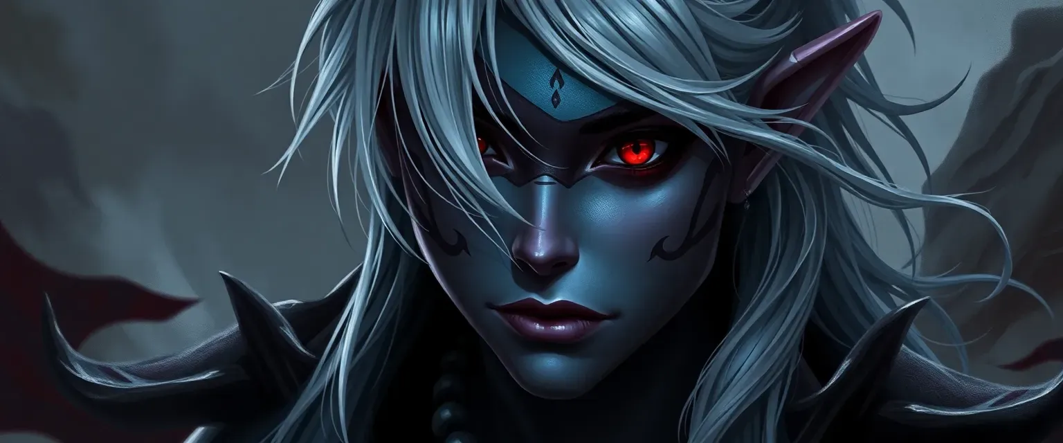 Female drow with deep night-sky skin, crimson eyes, silver hair, intricate tattoos, and a practical yet stylish hairstyle.