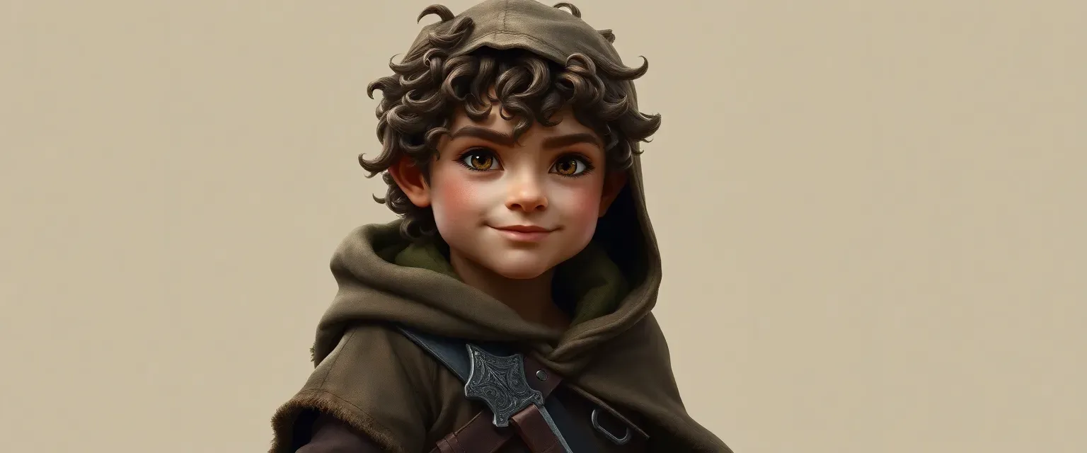 A 24-year-old lightfoot halfling rogue, 3 feet tall, with curly brown hair, hazel eyes, smirking face, wearing weathered earth-toned leathers and a frayed hooded cloak, dagger at belt.