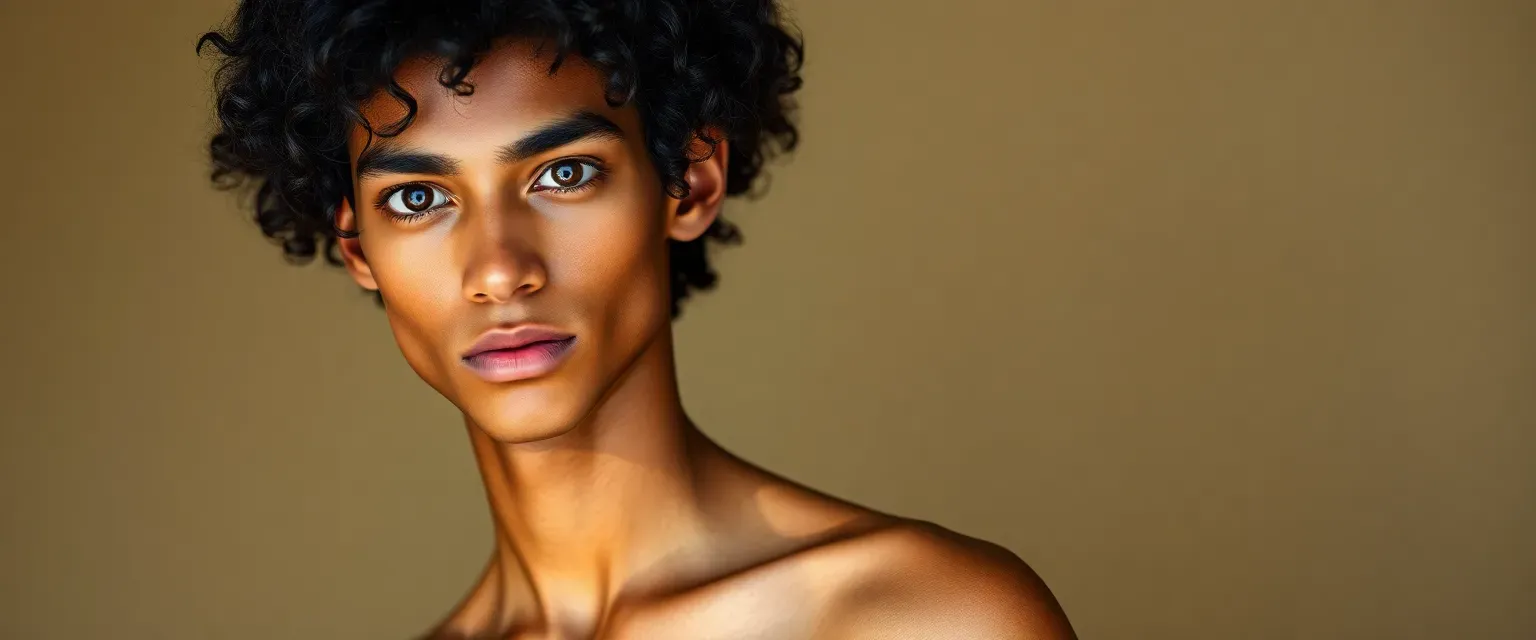 Tall, slender man with curly black hair, big dark eyes, bronzed skin, and delicate features, dressed in elegant, flowing garments.