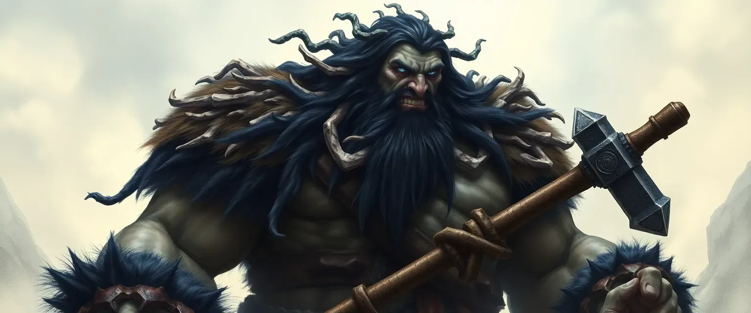 Towering barbarian giant with ice-blue eyes, black hair tangled with bones, clad in beast pelts, wielding a meteor-forged warhammer.