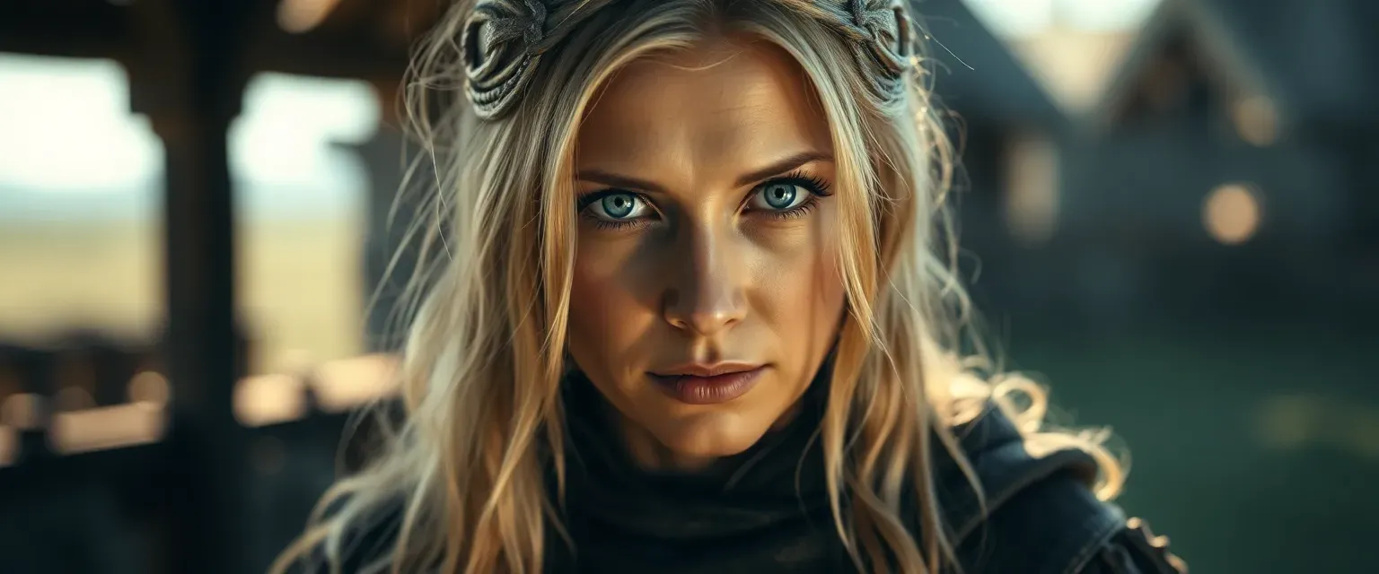 Blonde medieval peasant woman in her forties, basked in shadow, with piercing blue eyes and a determined expression.
