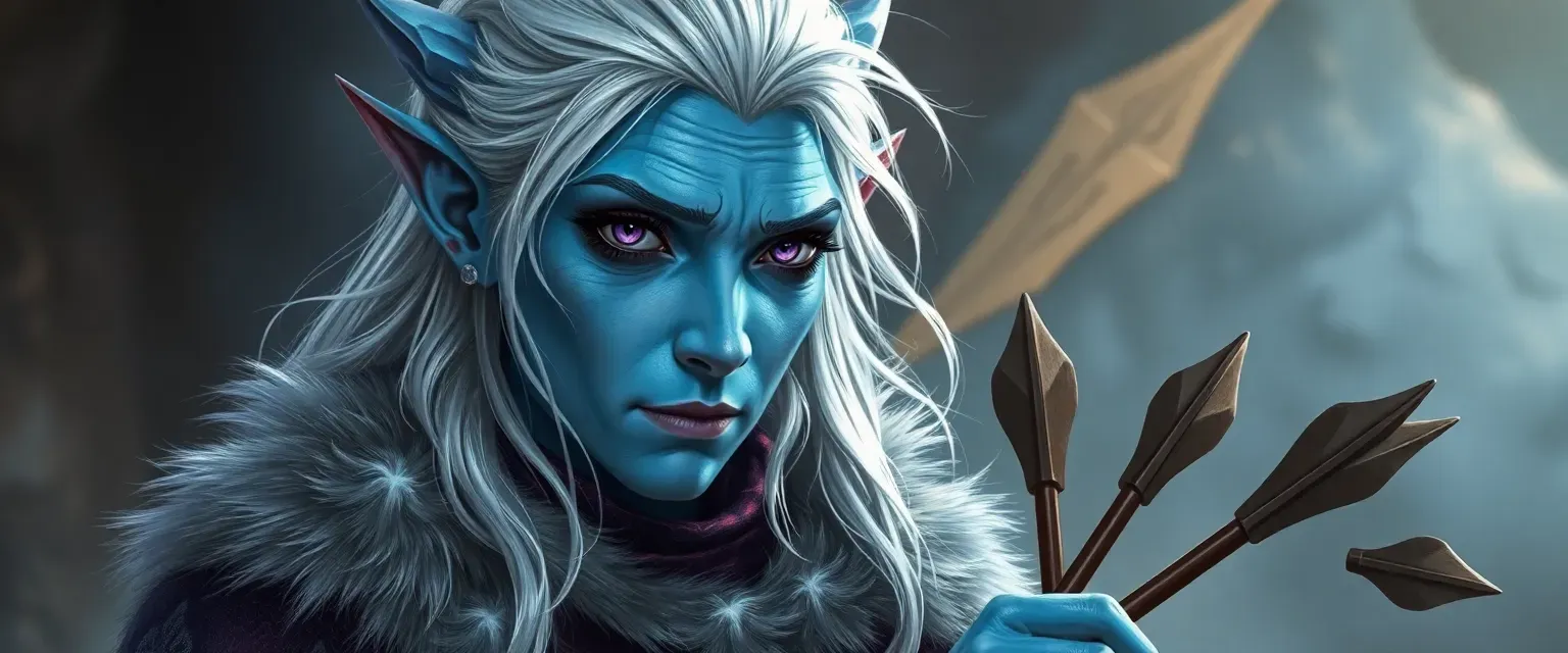 Aged Night Elf with azure skin, silver hair, violet eyes, wearing wolf fur cloak and rune-etched armor, carrying a quiver of unique arrows.