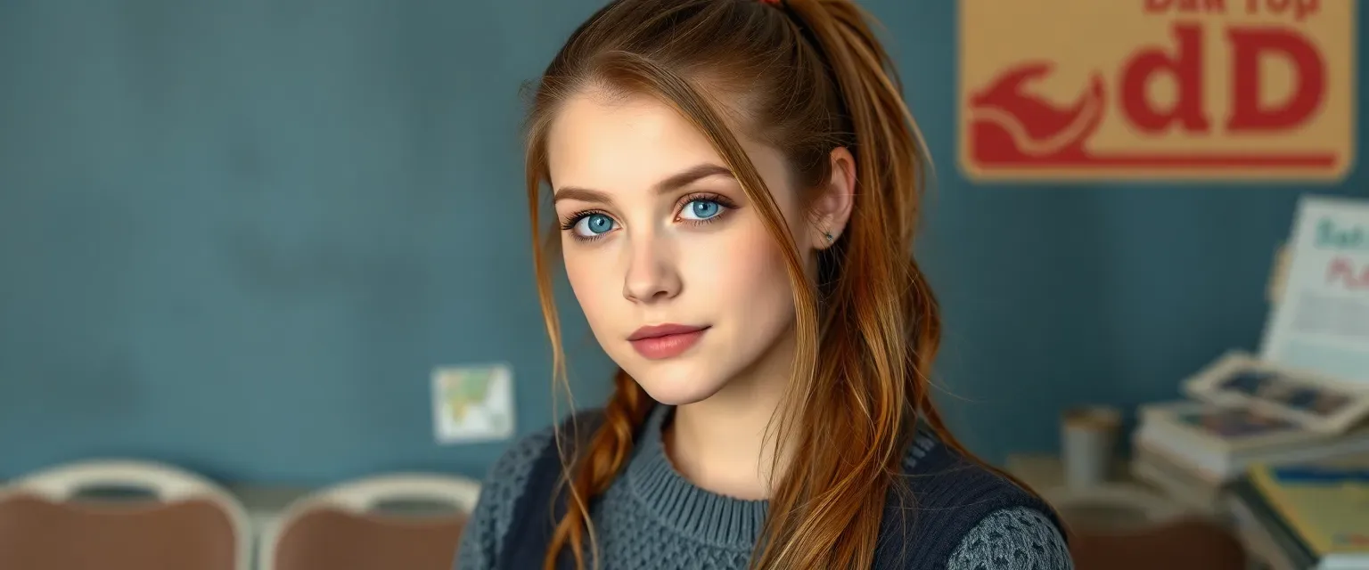 22-year-old woman with chestnut ponytail, blue eyes, wearing casual jeans and sweater.