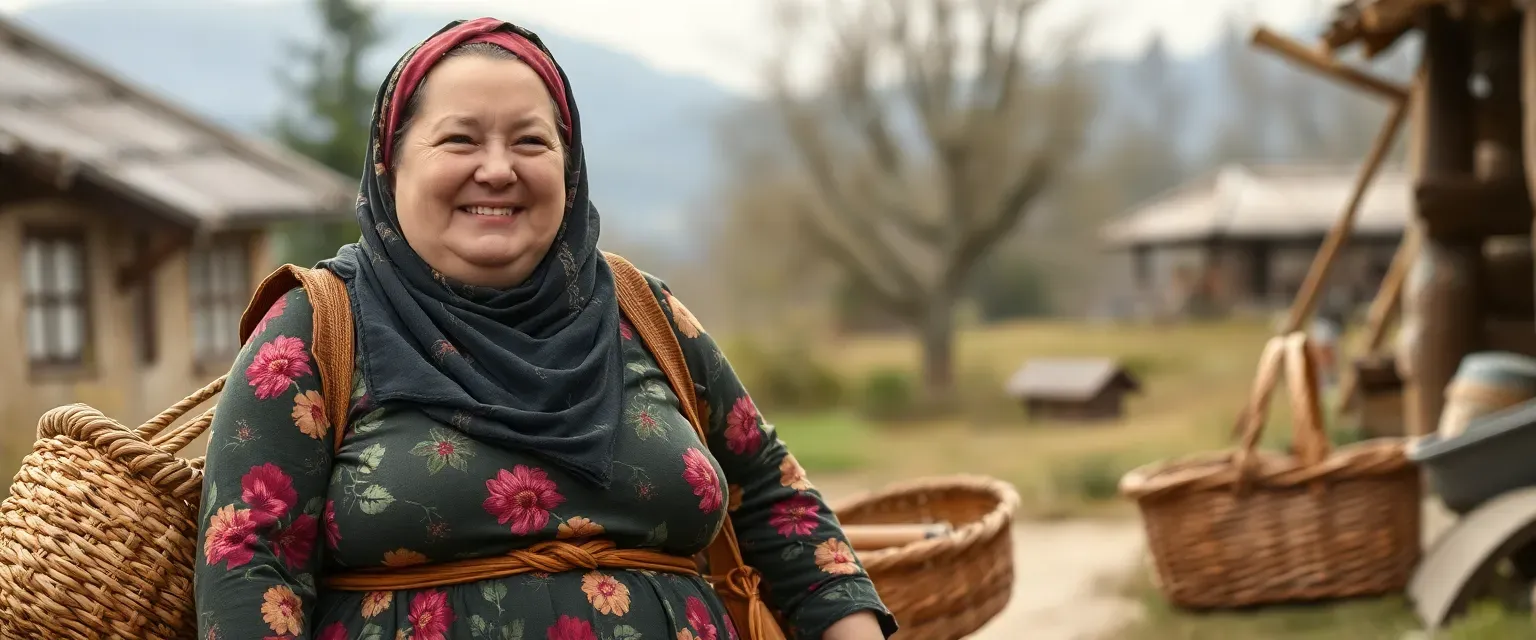 Mid-40s Slavic woman, chubby with a broad smile, wearing a floral skirt and headscarf, carrying market baskets.