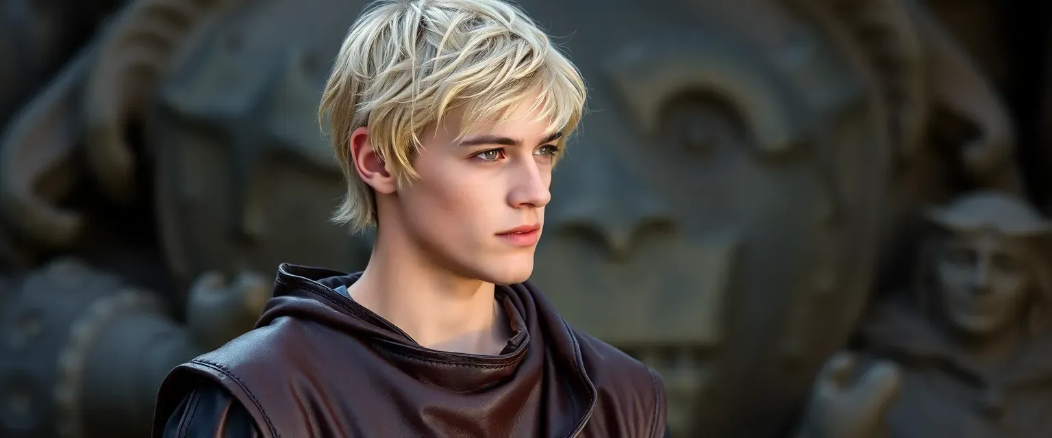 Young man with blonde hair, brown eyes, wearing a leather tunic and boots, often humming.