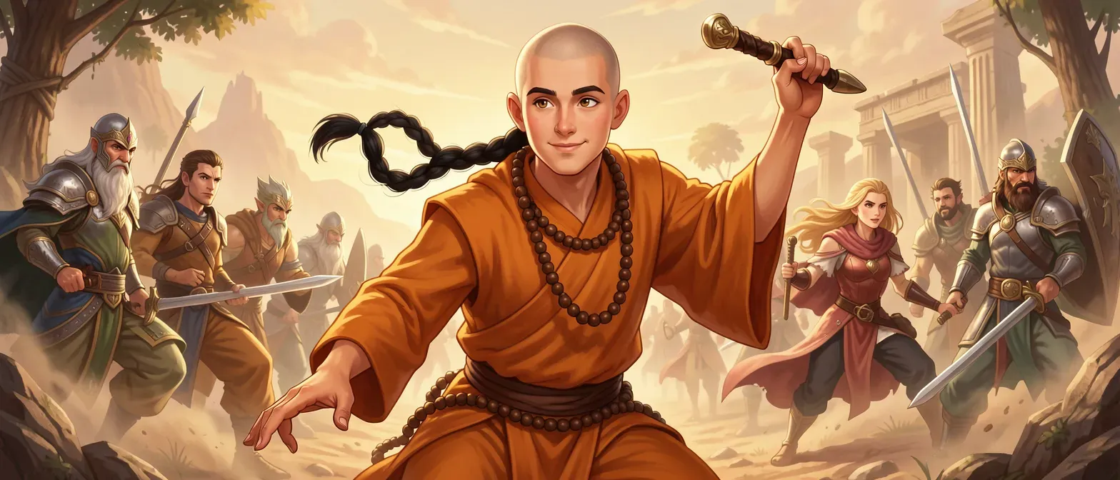 18-year-old monk with shaved head and single ebony braid, hazel eyes, warm desert skin, wearing saffron robes and prayer bead cord, serene and charismatic expression.