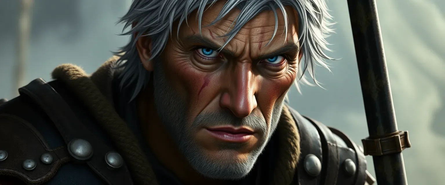 Late 30s human male, gray hair, blue eyes, scarred face, dark leather armor.