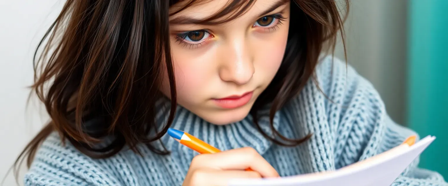 16-year-old girl with long, dark messy hair, deep brown eyes, wearing oversized sweaters and worn-out jeans, often doodling.