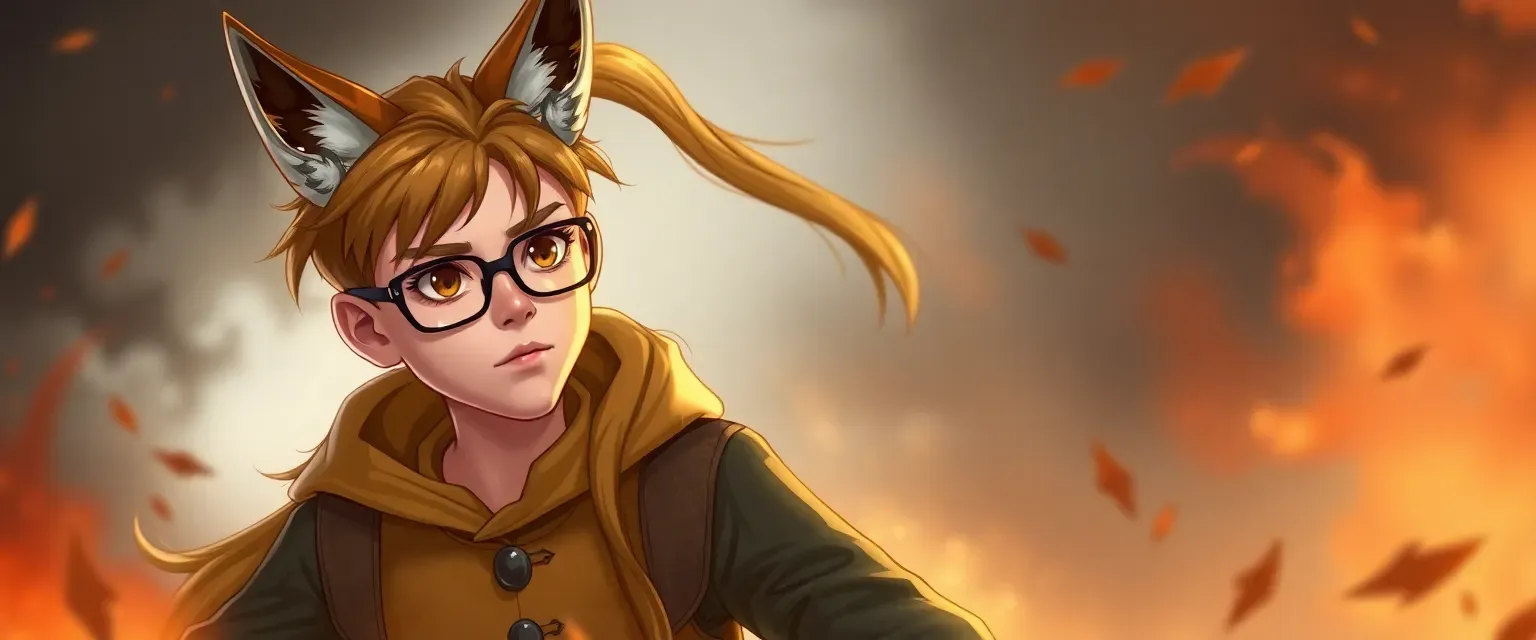 14-year-old boy with a long ponytail, glasses, fox-inspired clothes, and amber eyes.