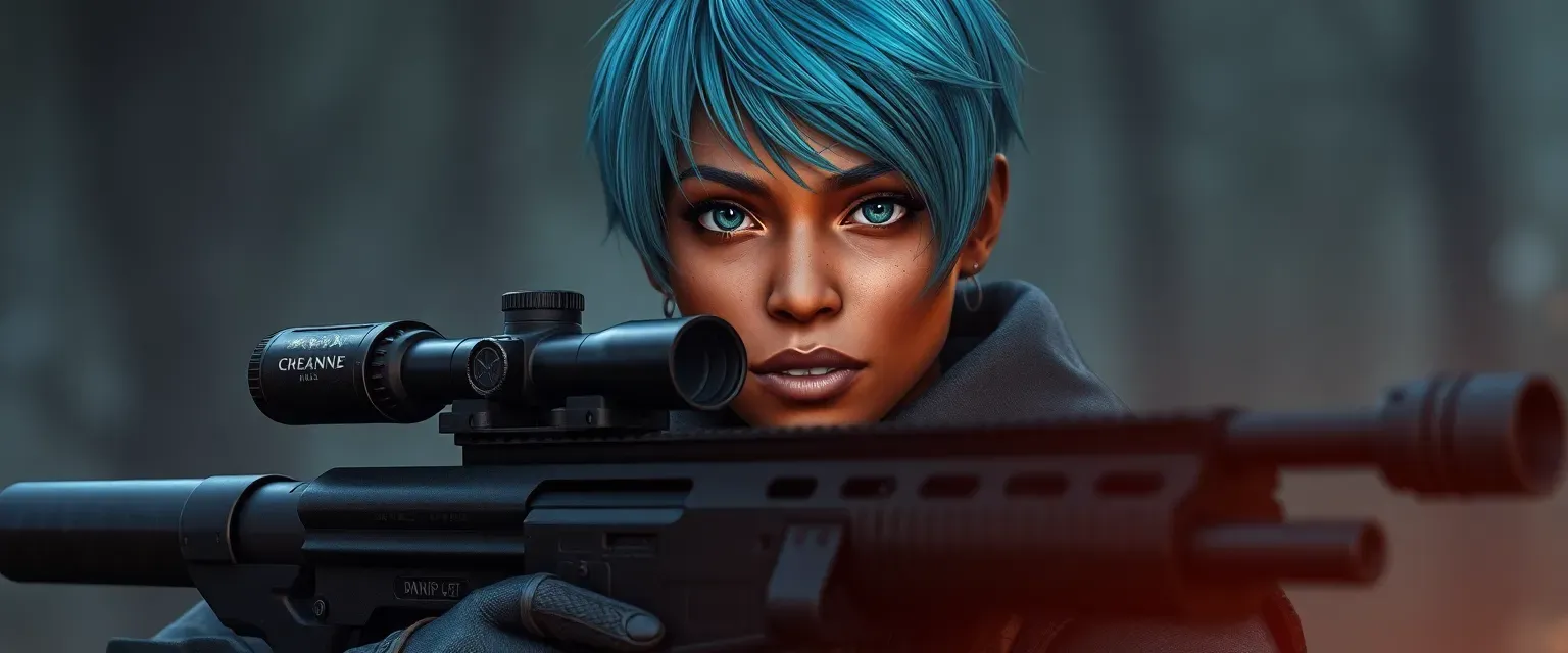 35-year-old black female sniper, short blue hair, gray eyes, tactical gear, scarred face.