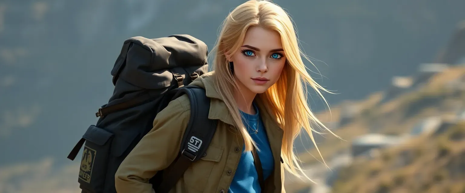 20-year-old female explorer with long blonde hair, bright blue eyes, wearing a light jacket, blue t-shirt, flexible pants, carrying a backpack with patches.