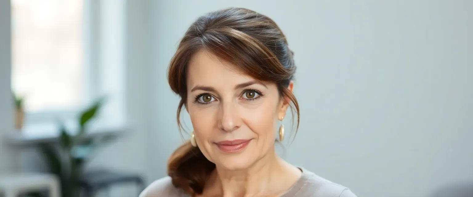 Early 40s woman with chestnut brown hair in a ponytail, warm hazel eyes, dressed in soft, modest colors.