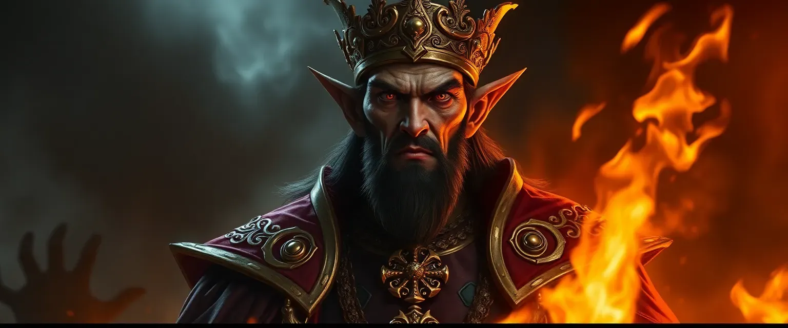 Tall, sinister emperor with pointed ears, ornate crown, and regal dark red and gold attire, surrounded by shadows and flames.