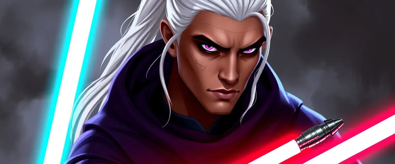 6'4" tall, 220 lbs, mixed Miraluka-Sith heritage, long white ponytail, 5 o'clock shadow, scars on face and neck, dark purple eyes and lightsaber.
