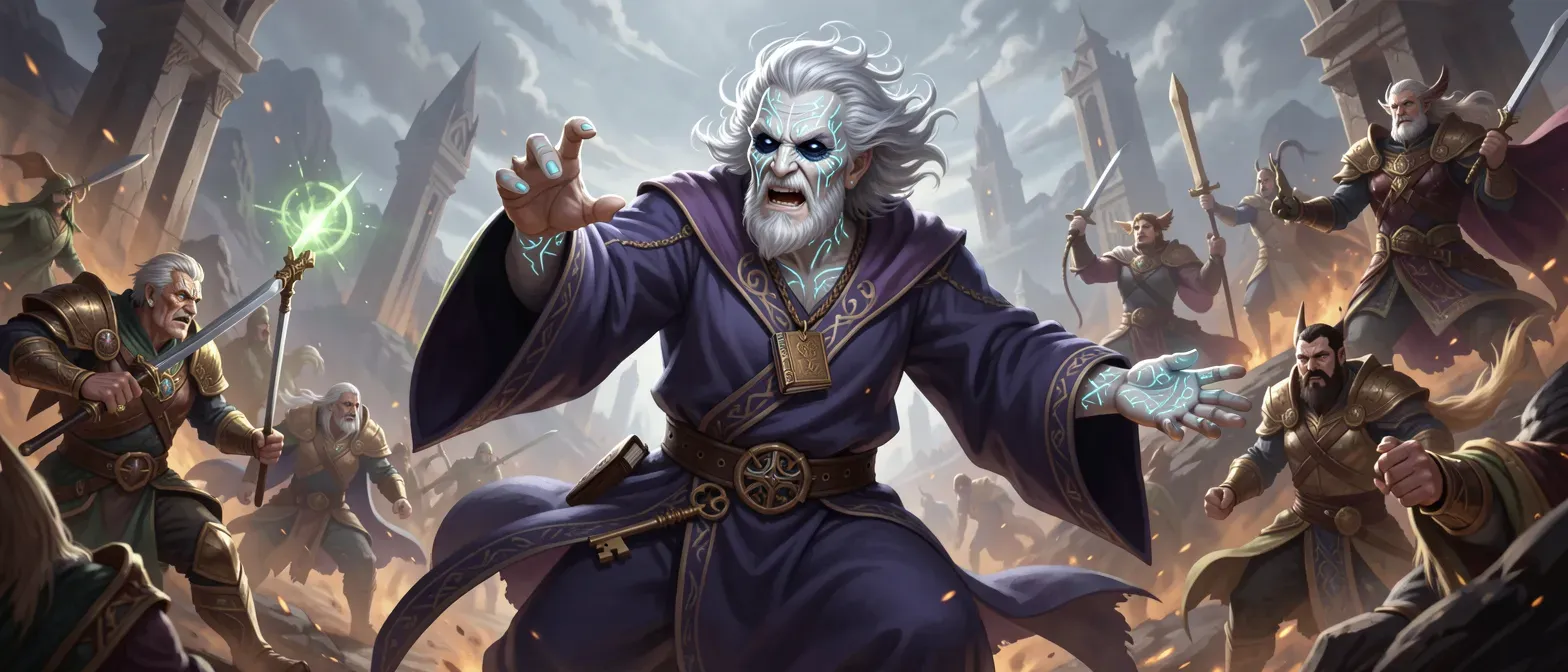 Elderly god with parchment-pale skin etched in glowing runes, obsidian eyes, silver wild hair, wearing indigo robes with bronze key belt and book pendant, echoing resonant voice.