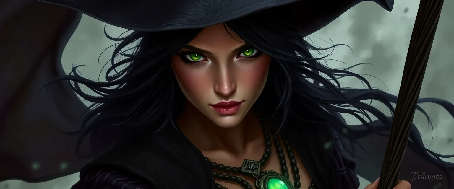 Late twenties witch with dark hair and piercing green eyes, wearing flowing dark garments and amulets.