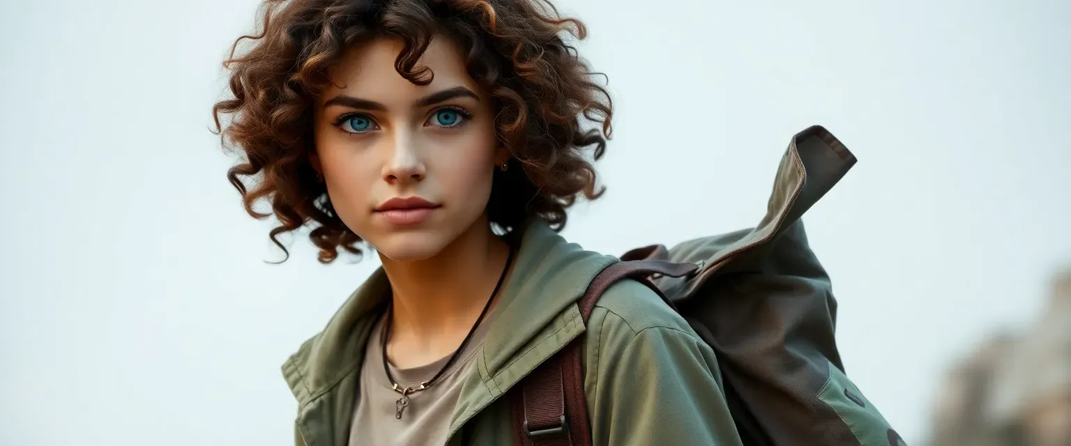20-year-old female explorer with curly brown hair, blue eyes, wearing a light jacket, cotton t-shirt, flexible pants, carrying a patched backpack.