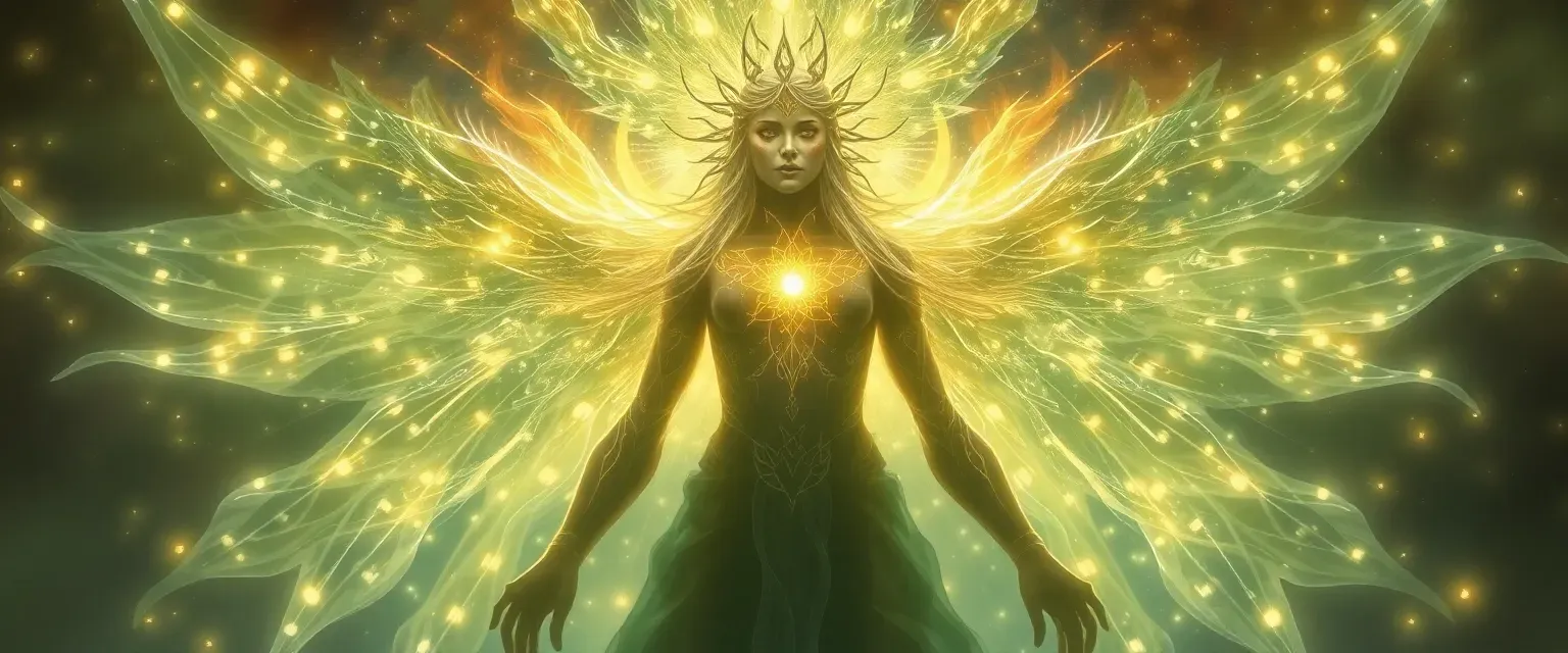 Radiant figure of shifting luminescence, embodying the essence of primordial light, with no fixed form.