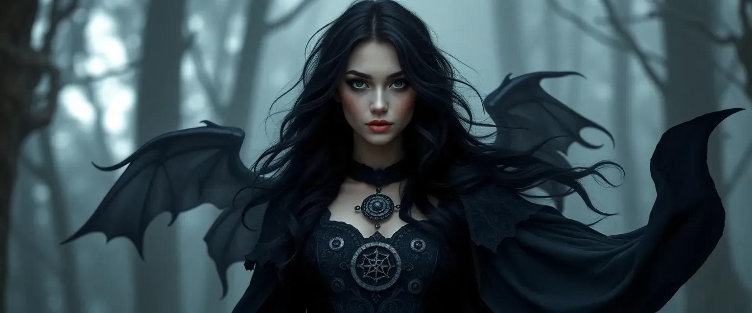 A woman in her early 30s with raven black hair and dark, flowing gowns adorned with arcane symbols.