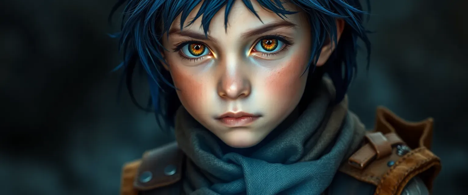 A young Trennixan boy with amber eyes and blue hair, dressed in mismatched rags and leather, embodying resilience and a quest for knowledge.