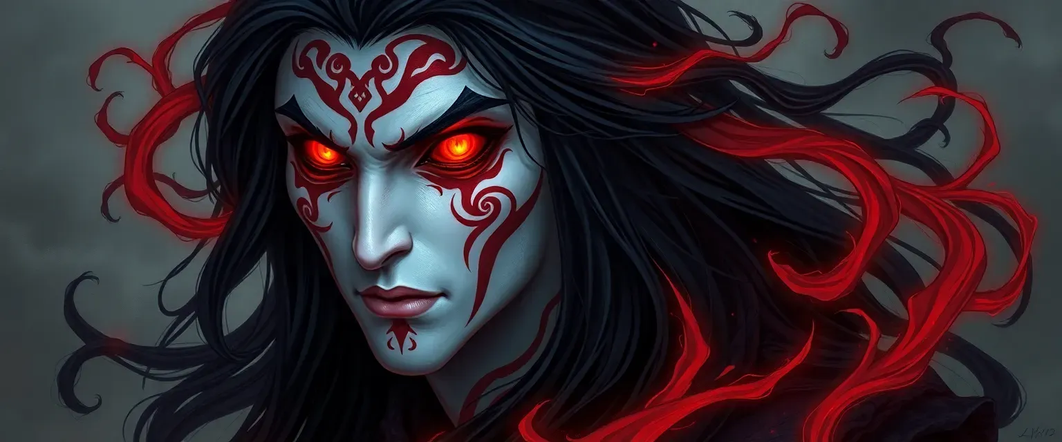28-year-old warlock with pale skin, swirling infernal patterns, glowing fiery eyes, and long raven hair, wearing dark, flowing garments.