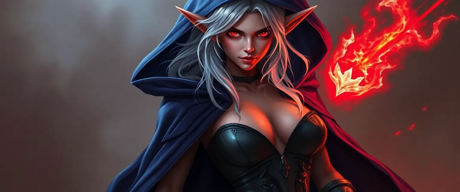 Dark elf mage with silver hair, crimson eyes, voluptuous figure, minimal clothing under a magic cape.