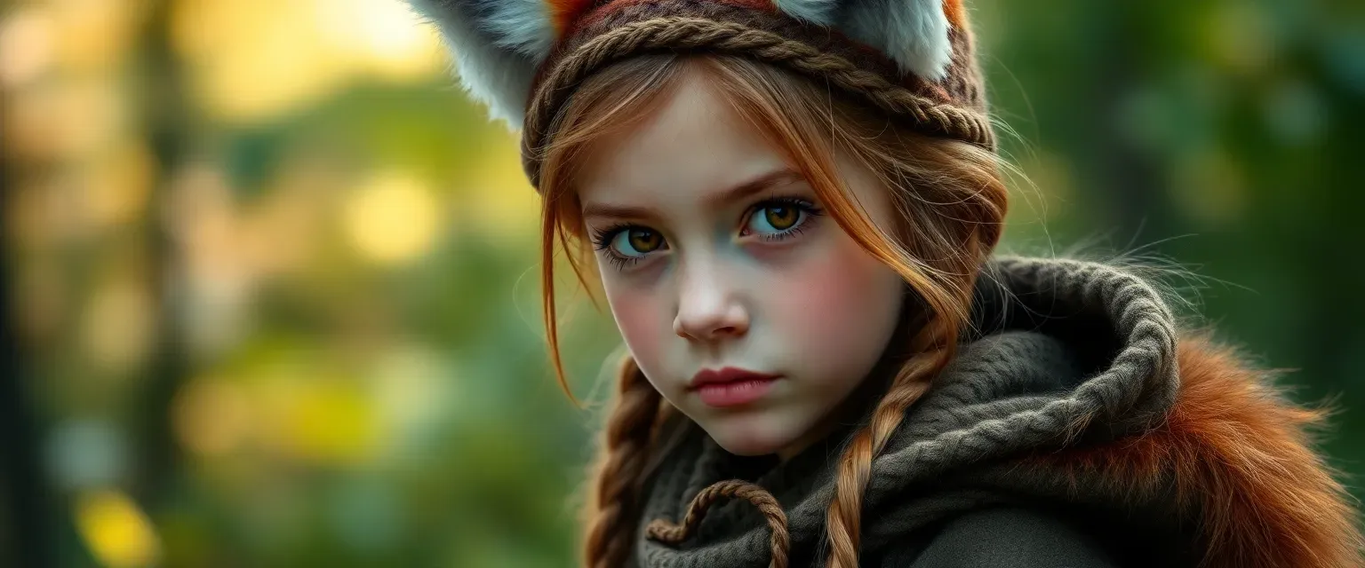 14-year-old girl, amber eyes, red fox shape-shifter, wearing simple forest attire.