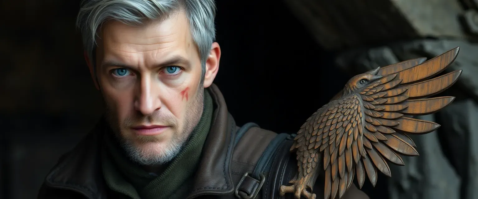 Late 40s Polish man with silver-streaked hair, blue eyes, and battle scars, wearing a worn leather jacket and carrying a wooden eagle.