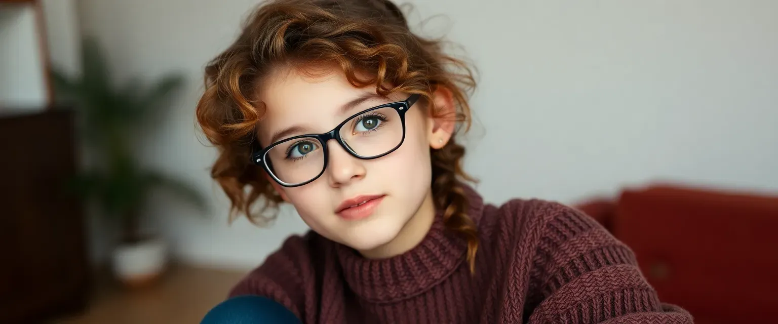 16-year-old girl with chestnut curls, hazel eyes, glasses, wearing oversized sweaters and jeans.