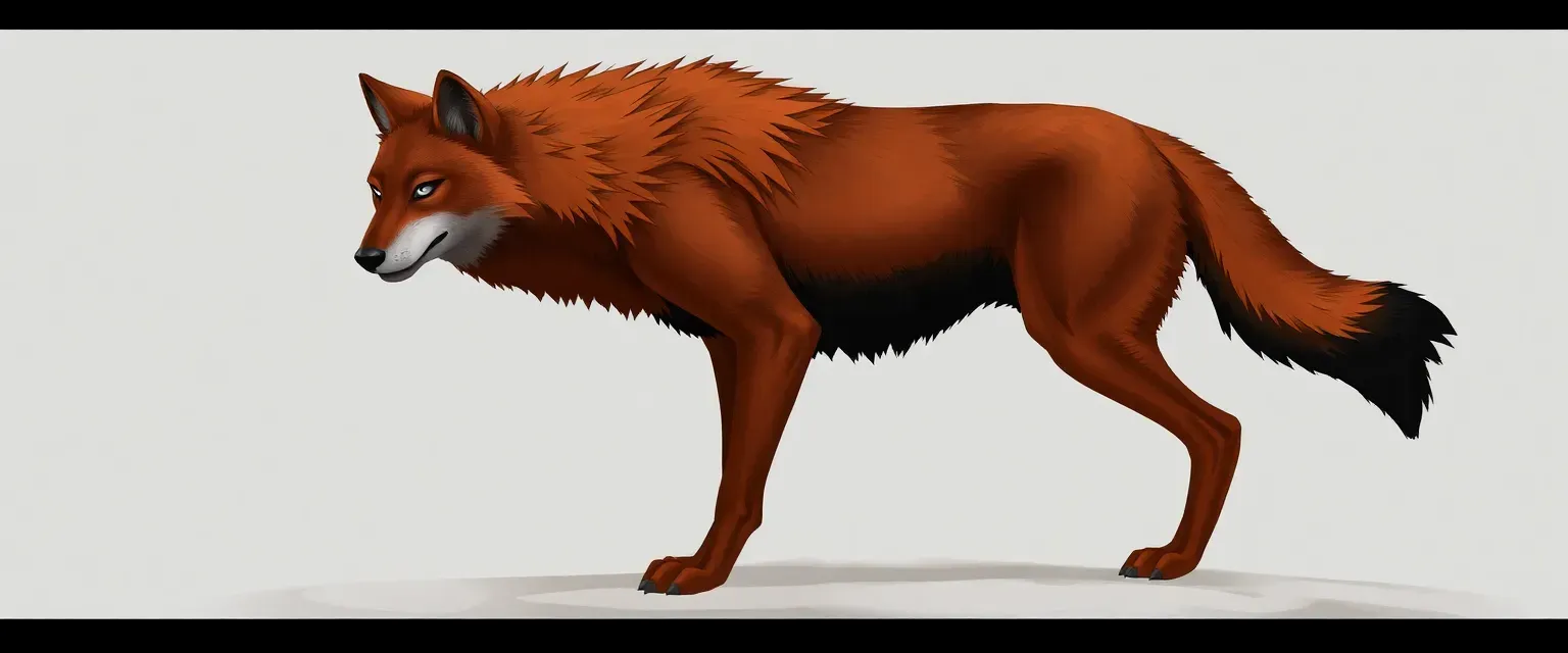 8ft tall wolf/jackal hybrid, red fur with black underbelly, large muscular build, flat grey eyes.