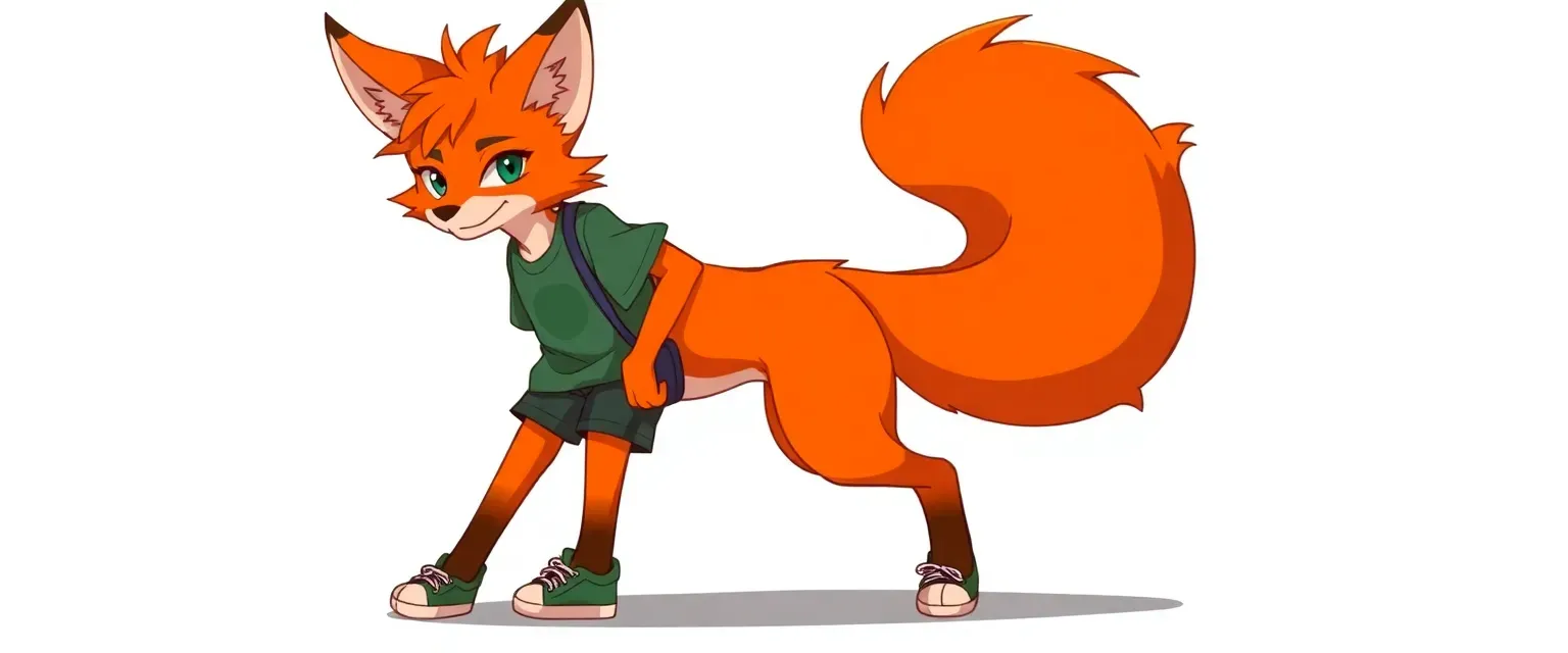 14-year-old 9-tailed fox boy, vibrant orange fur, green eyes, casual t-shirt and shorts, sneakers.