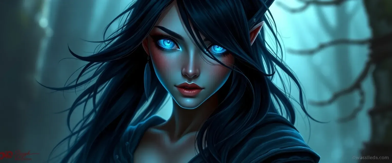 Night Elf woman with black hair, glowing blue eyes, toned and curvy body, wearing druid robes.