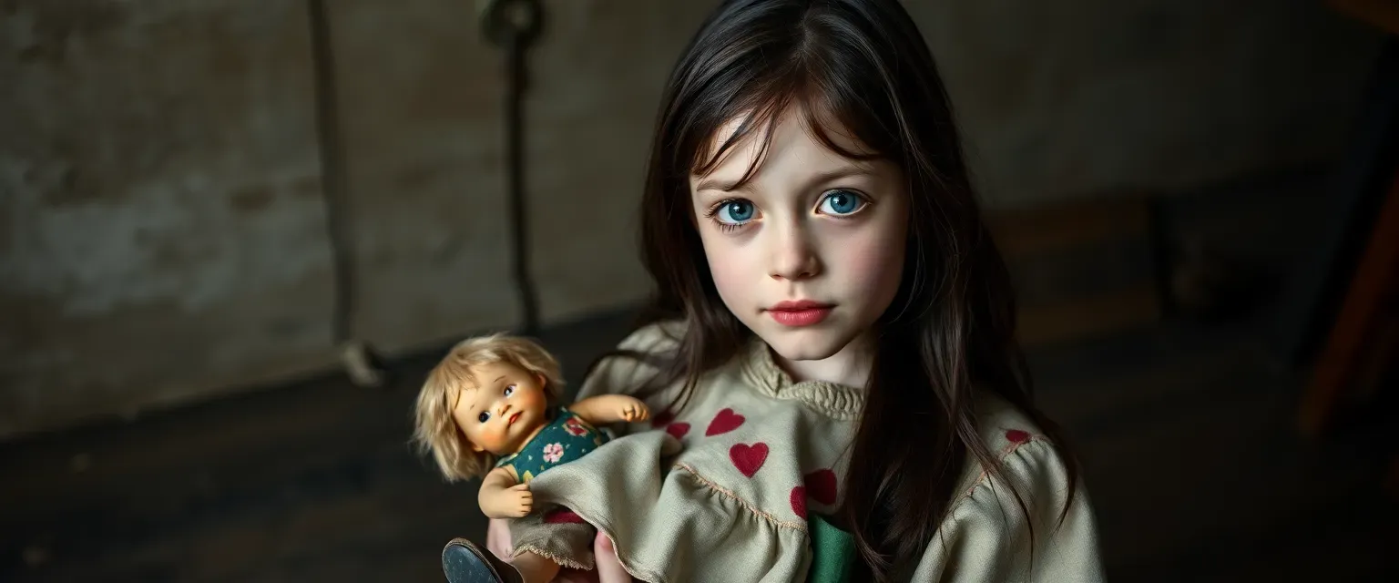 13-year-old Polish girl with dark hair and pale skin, wearing a patched dress and mismatched shoes, holding a worn-out doll.