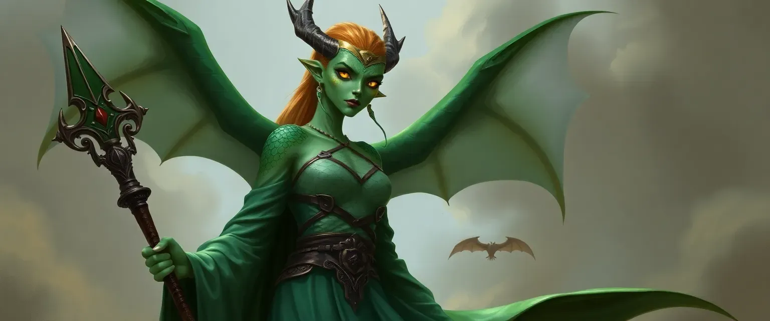 Tall female Dragonborn with emerald scales, gold eyes, wearing a green robe, holding a staff.