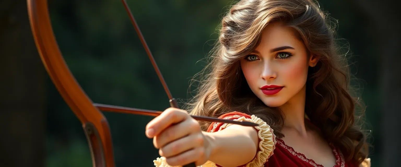 19-year-old English princess with brown wavy hair, wearing simple yet elegant gowns, skilled with a bow.